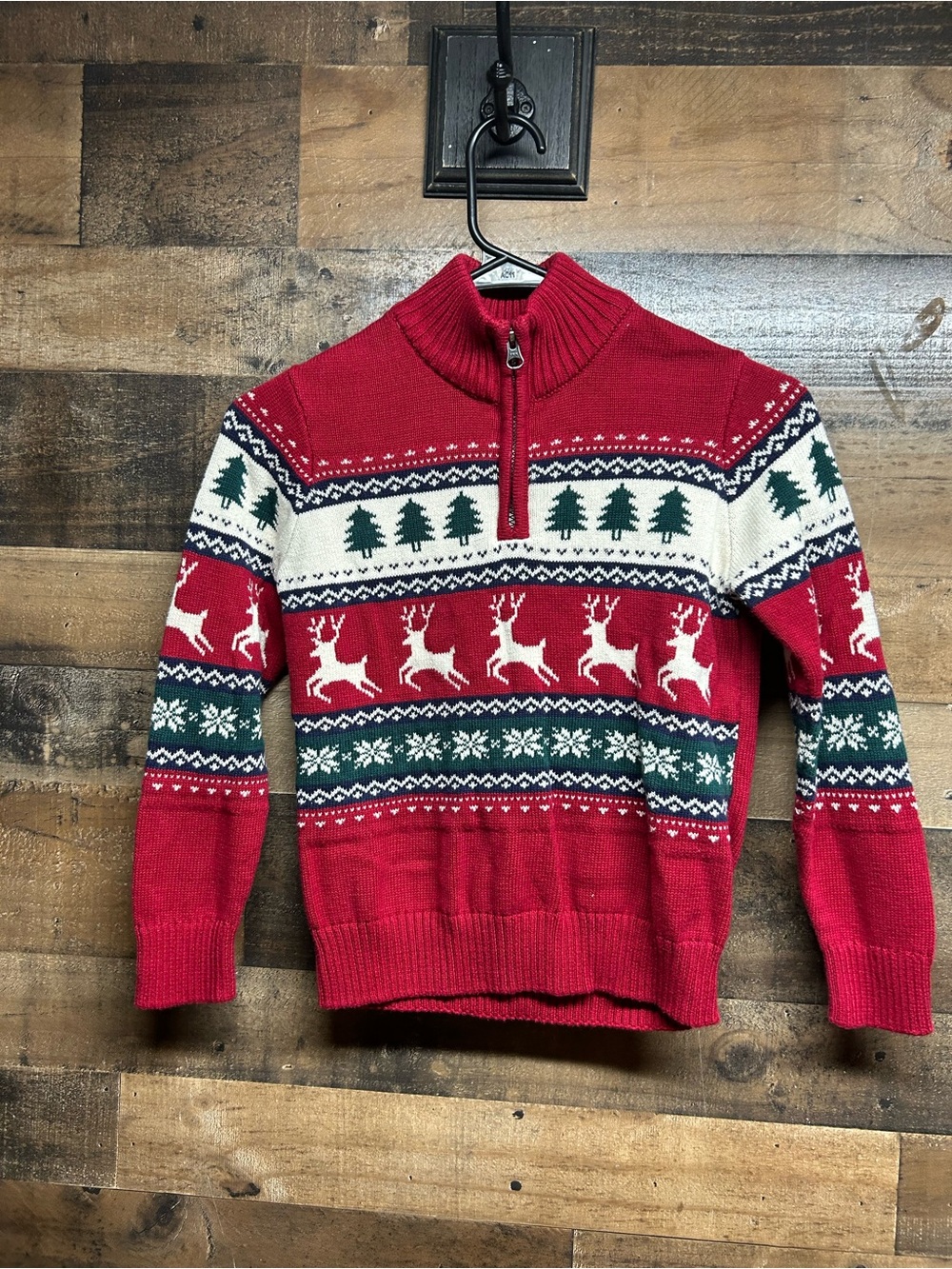 Place Red Fair Isle Zip-Up Holiday Sweater with White and Green Motifs
